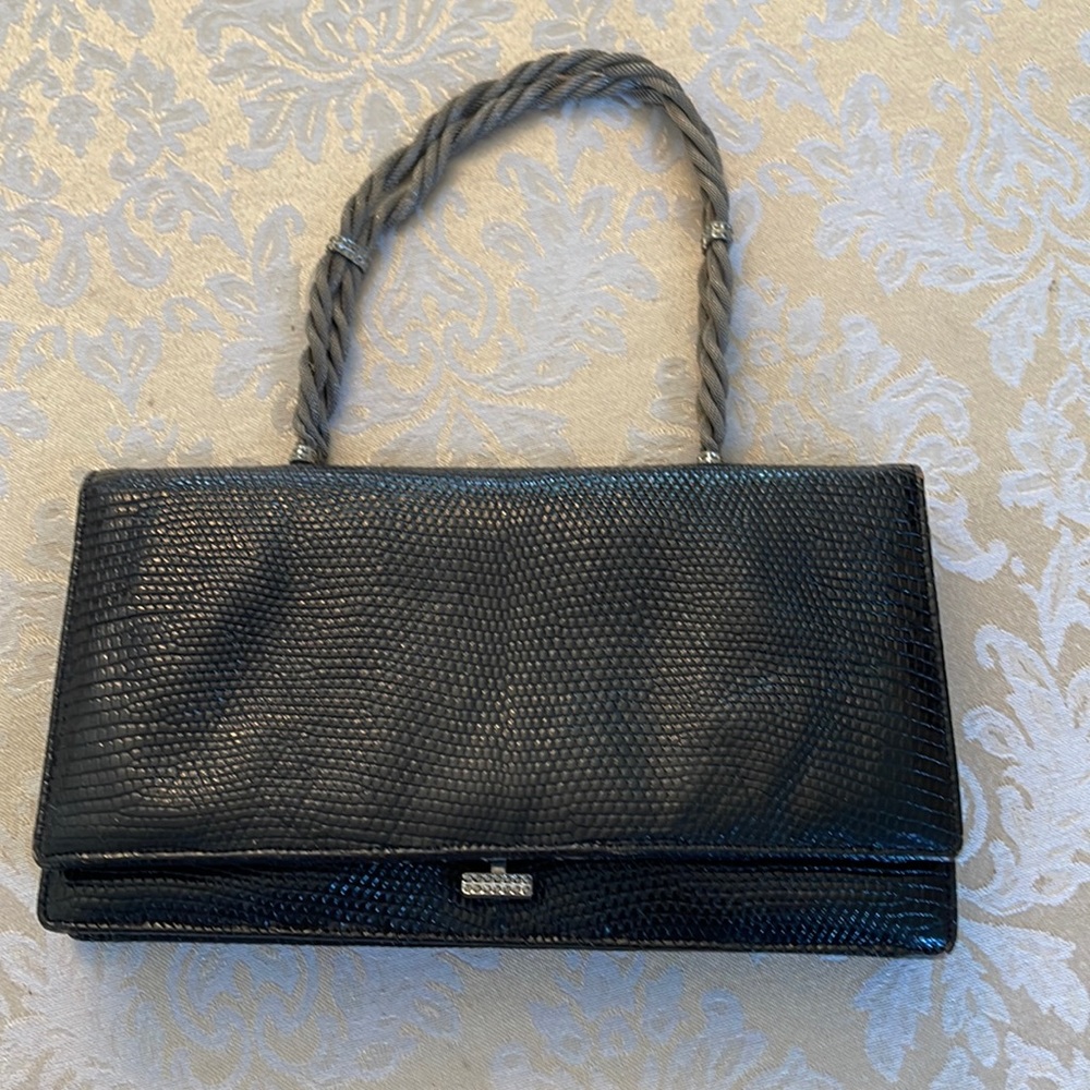 Black pebble leather evening bag with metal weave wrist strap